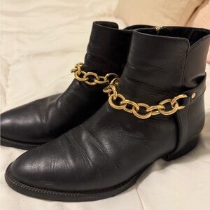 Burberry Black Leather Ankle Boots with Gold Chain Accent